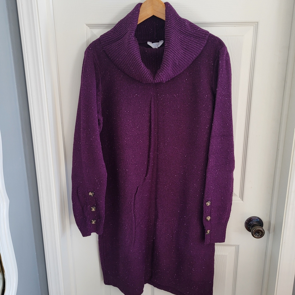 Time and Tru Women's Purple Sweater Dress with Button Detail & a Cowl Neck
